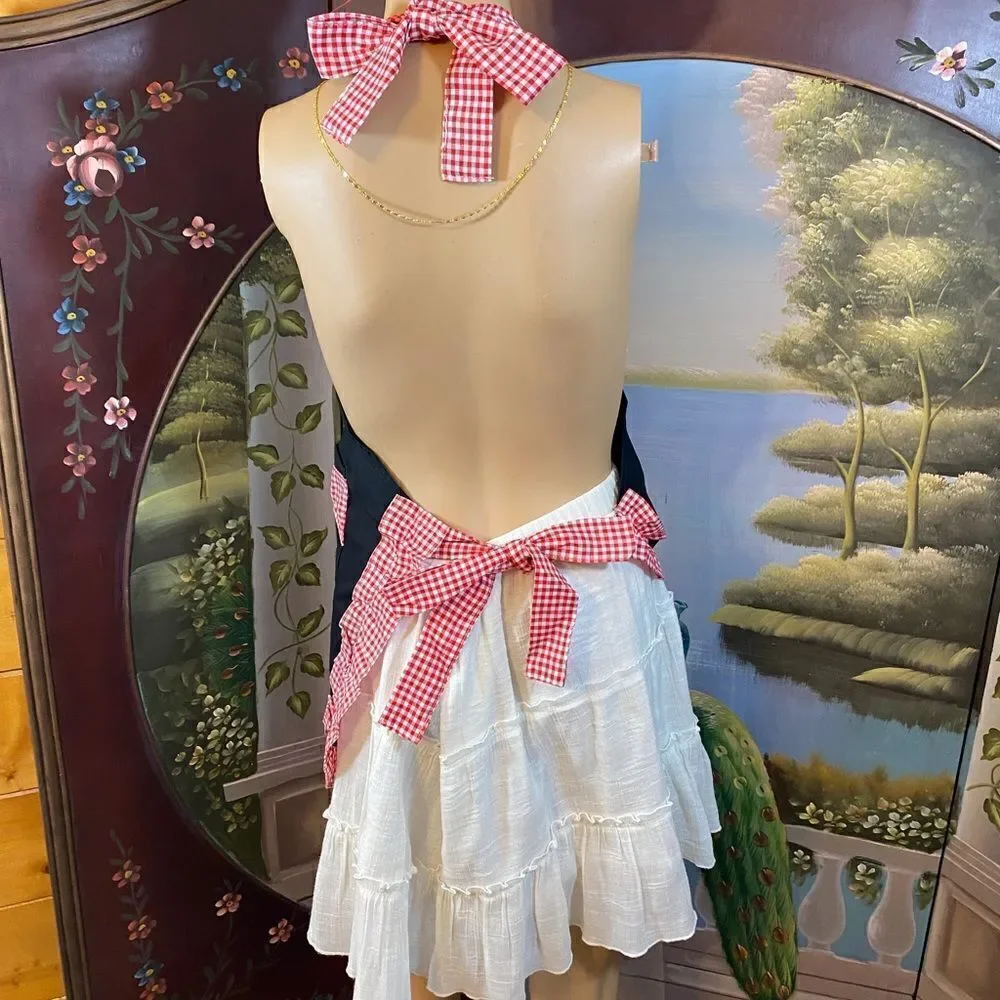 Gorgeous apron Black with Red & White Check Bows & Ruffles